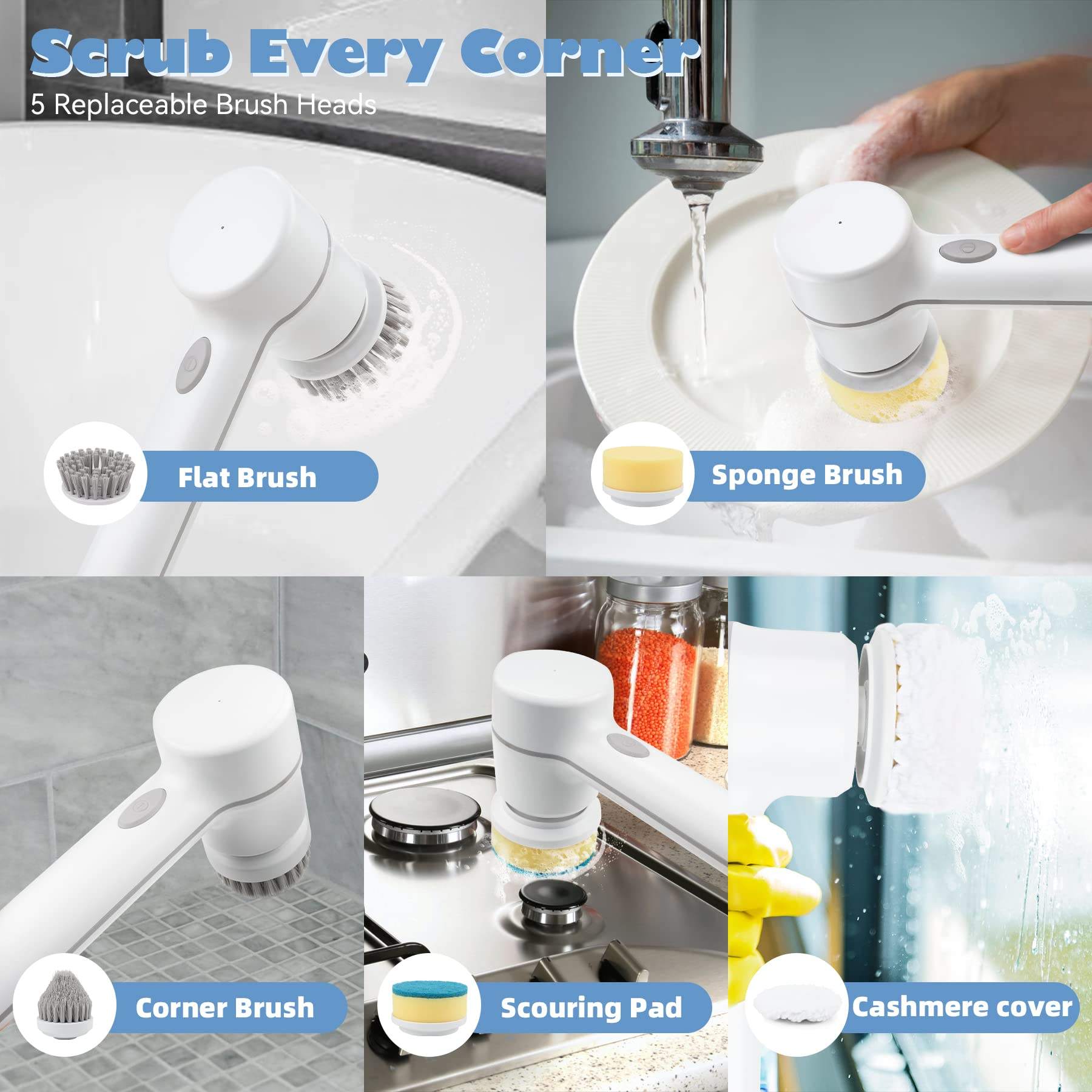 5 in 1 Cleaner Bathroom Bathtub Clean Brush Spin Scrubber